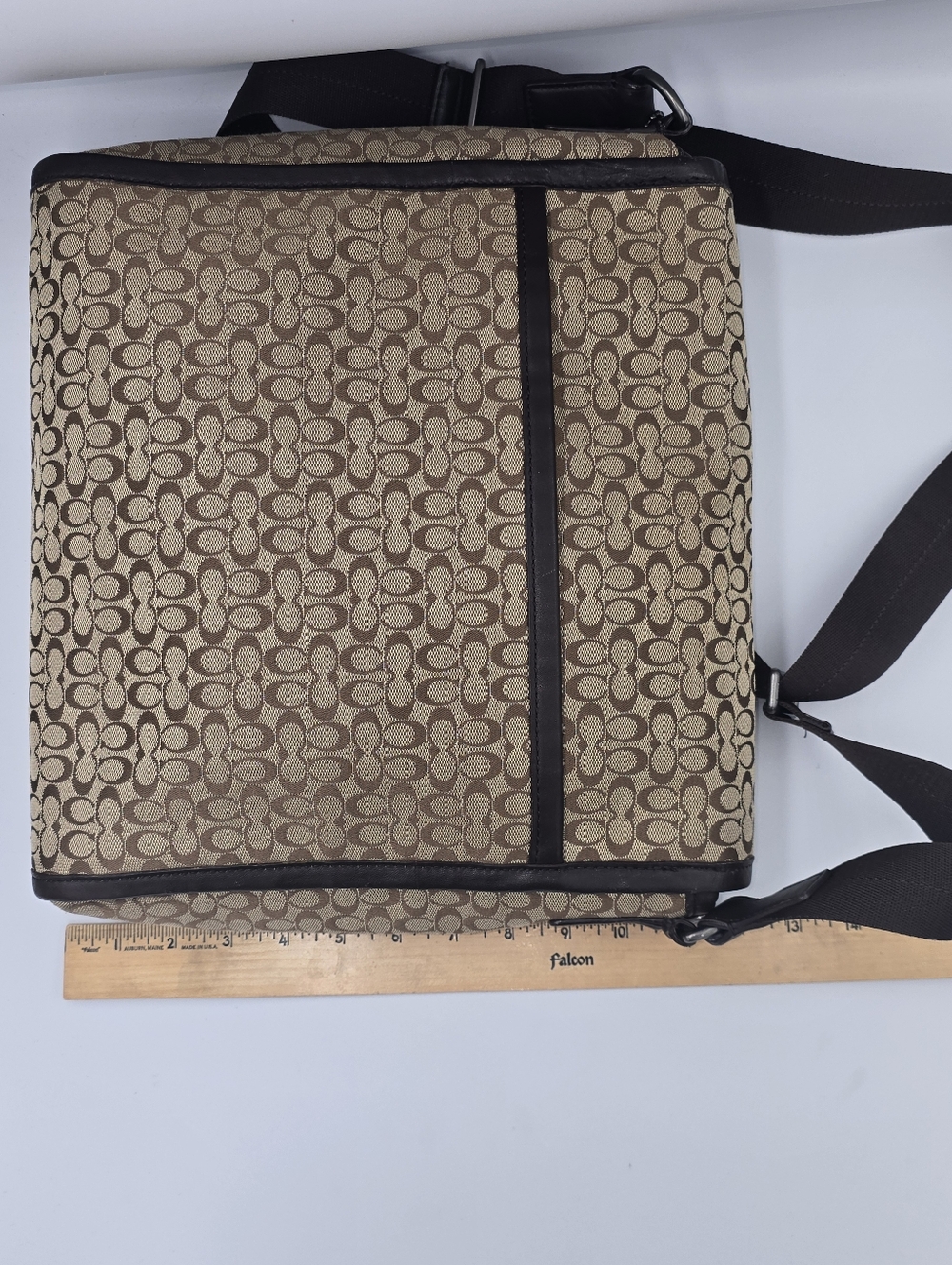 COACH F70699 Brown Signature Canvas Messenger Bag Adjustable Strap Leather Trim - Picture 7 of 16